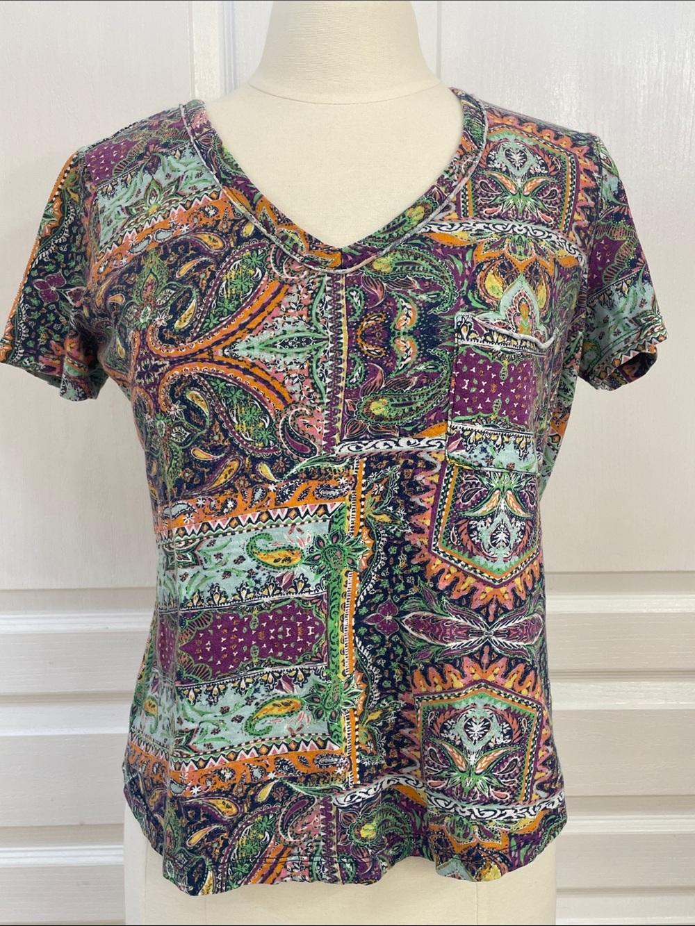 Westbound Women's V-Neck Short Sleeve Patchwork Paisley Top - Purple & Green